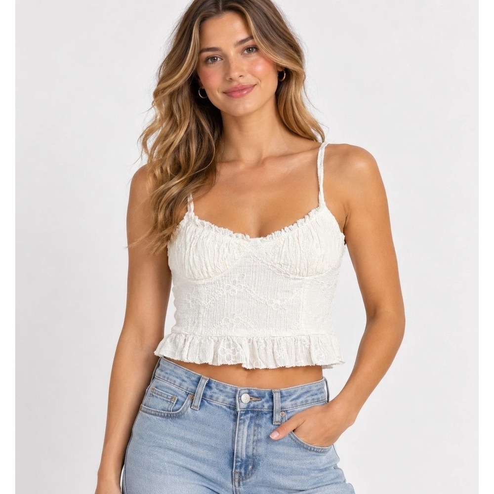 Zara White Embroidered Bustier Crop Top Smocked Ruffle Camisole Medium